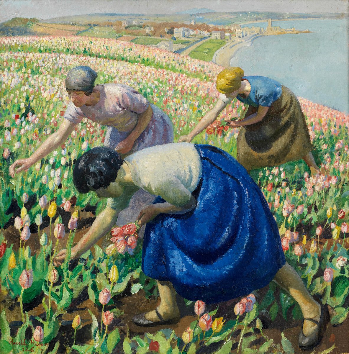 Tulip Pickers by Harold Harvey 1926 (Private Collection). Cornwall. Penzance in the distance.