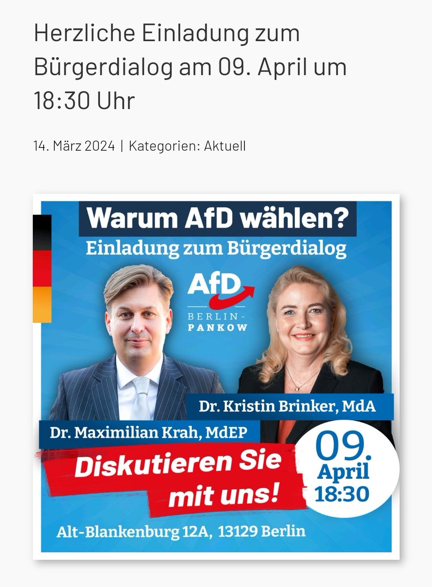 Guten Morgen! 👋

Falls ihr in Berlin wohnt, nicht vergessen: morgen Bürgerdialog mit Maximilian Krah und Kristin Brinker in Berlin-Pankow. 

#nurnochAfD