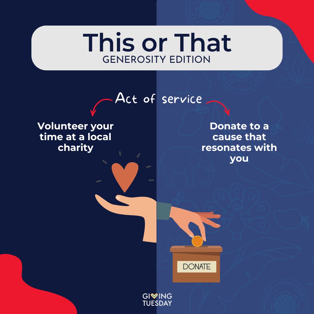 givingtuesdayin's tweet photo. Who's ready for 'This or That Challenge: Generosity Edition' part 2?! Get to know yourself better with a game that will warm you right up! Share your answers in the comments below and let's create a ripple of generosity together! #ThisOrThat #GenerosityChallenge #PlayWithPurpose https://t.co/YIgpQo6X2g