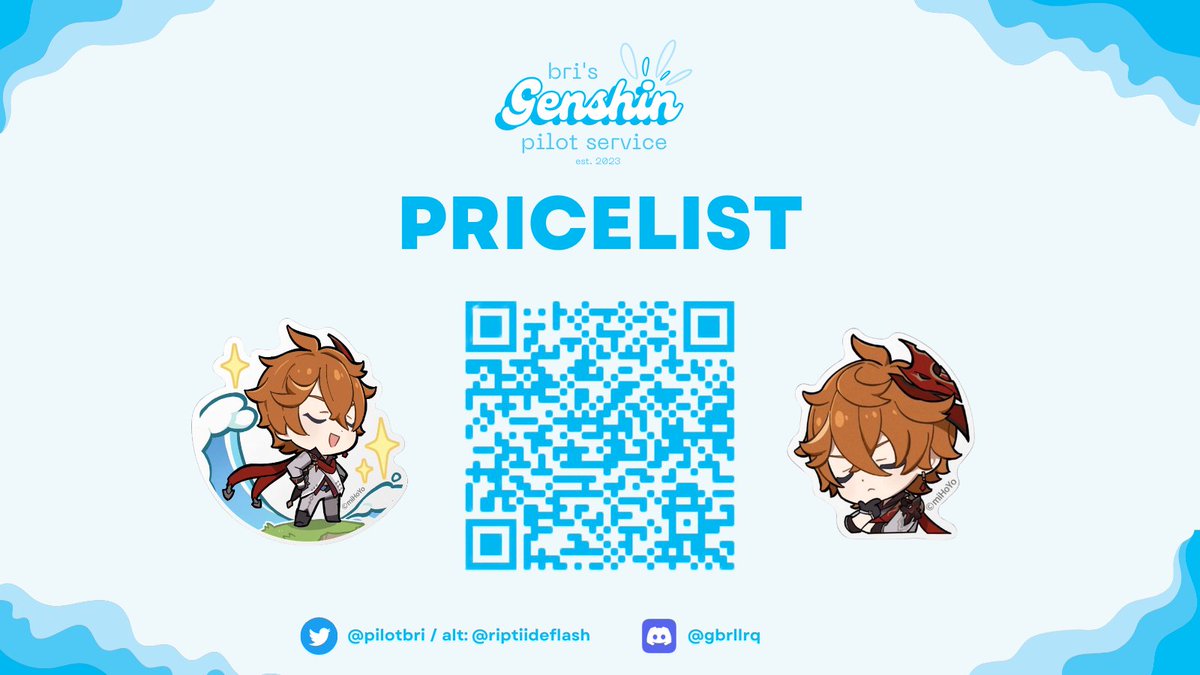 pilotbri's tweet photo. too busy or just too lazy to play? feel free to shoot me a dm 🩵

for the pricing of my services, please scan the qr code below or click the link!

please read through the reminders carefully!!

pricelist: https://t.co/fwEWqqVKN0

#GenshinImpact #genshintwt #genshinpilot https://t.co/3Jz7X7SY9J