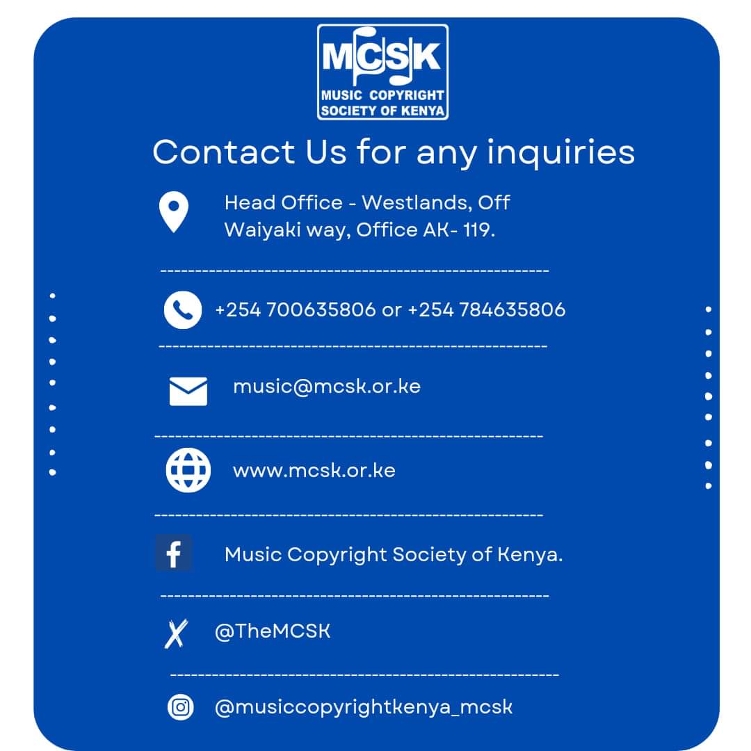 We're just a phone call away. Contact us on 0700635806 for any inquiries about Music Copyright Society of Kenya (MCSK) or visit any of our regional offices countrywide. #MCSK ni Sisi Wasanii! #musiccopyrightsocietyofkenya #cmosinkenya