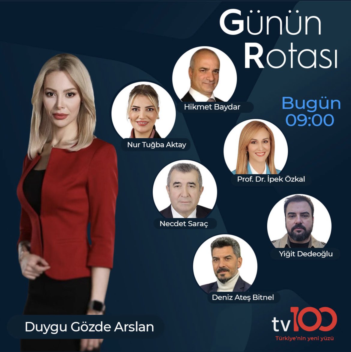 Bugün “Günün Rotası” programında Sayın Duygu Gözde Arslan’ın konuğuyum. Saat 10:00’da görüşmek üzere… @DuyguGozde @tv100