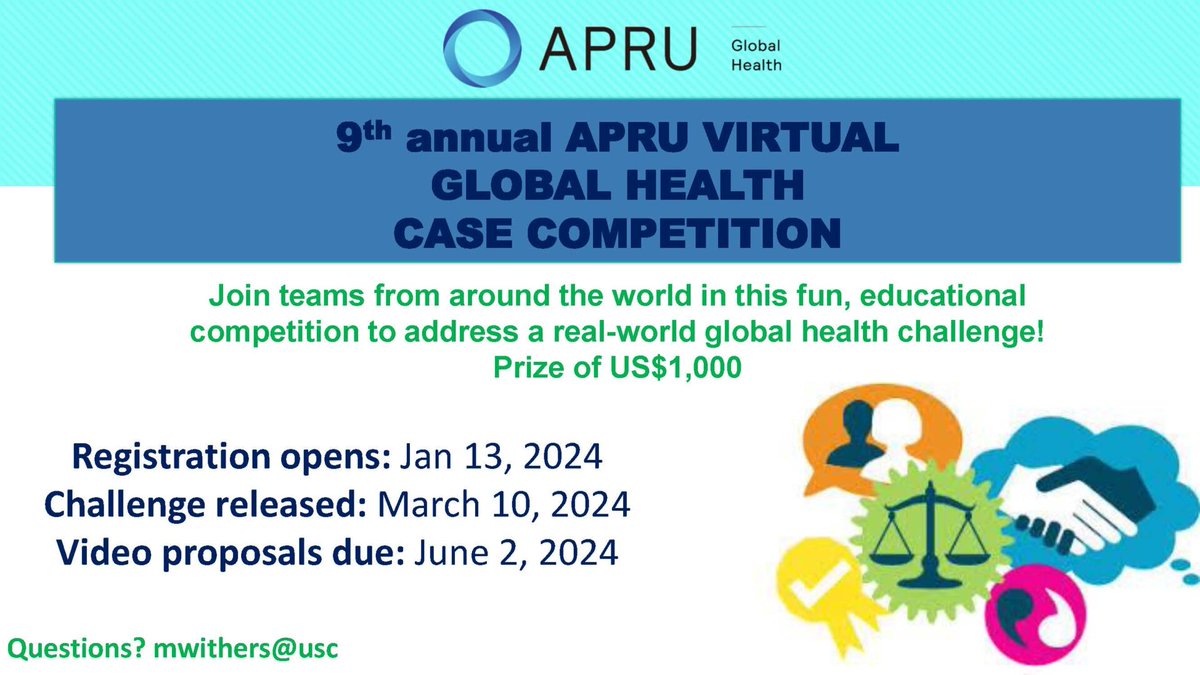 Ready to address a pressing real-world global health problem? Register your teams by next Friday for the 9th Annual APRU Global Health Virtual Case Competition. Read more: lnkd.in/grSvDcmb Registration: lnkd.in/gccvMyCW Deadline: 19 April, 2024