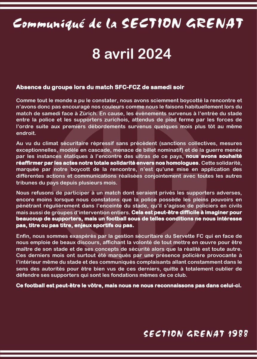 𝘾𝙤𝙢𝙢𝙪𝙣𝙞𝙦𝙪𝙚́ 𝙙𝙚 𝙡𝙖 𝙎𝙚𝙘𝙩𝙞𝙤𝙣 𝙂𝙧𝙚𝙣𝙖𝙩 𝟭𝟵𝟴𝟴 𝙨𝙪𝙞𝙩𝙚 𝙖𝙪 𝙢𝙖𝙩𝙘𝙝 𝙎𝙁𝘾 𝙫𝙨 𝙁𝘾𝙕 𝙙𝙚 𝙨𝙖𝙢𝙚𝙙𝙞 𝙨𝙤𝙞𝙧.