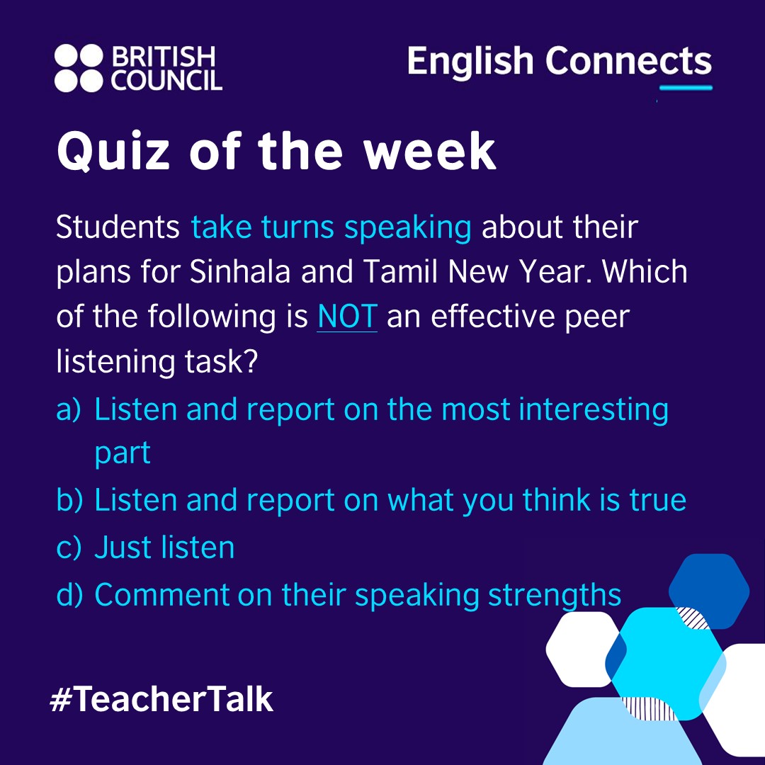 Do you know the right peer listening task to choose for speaking activities? Reply in the comments for a chance to win a book voucher! You might be the winner 🤩 #QuizOfTheWeek #TeacherTalk #TeachingEnglish #Listening