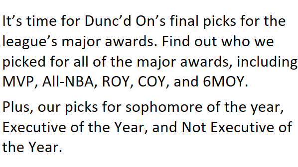 Free episode: End of Season NBA Awards 2023-24 with @NateDuncanNBA nateduncannba.com/podcast-episod… For every episode ad-free, subscribe to Dunc'd On Prime: duncdon.supportingcast.fm