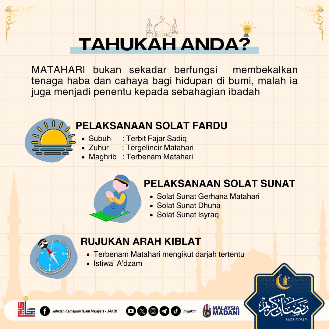 TAHUKAH ANDA?

MATAHARI bukan sekadar berfungsi membekalkan tenaga haba dan cahaya bagi hidupan di bumi, malah ia juga menjadi penentu kepada sebahagian ibadah

Semoga bermanfaat.