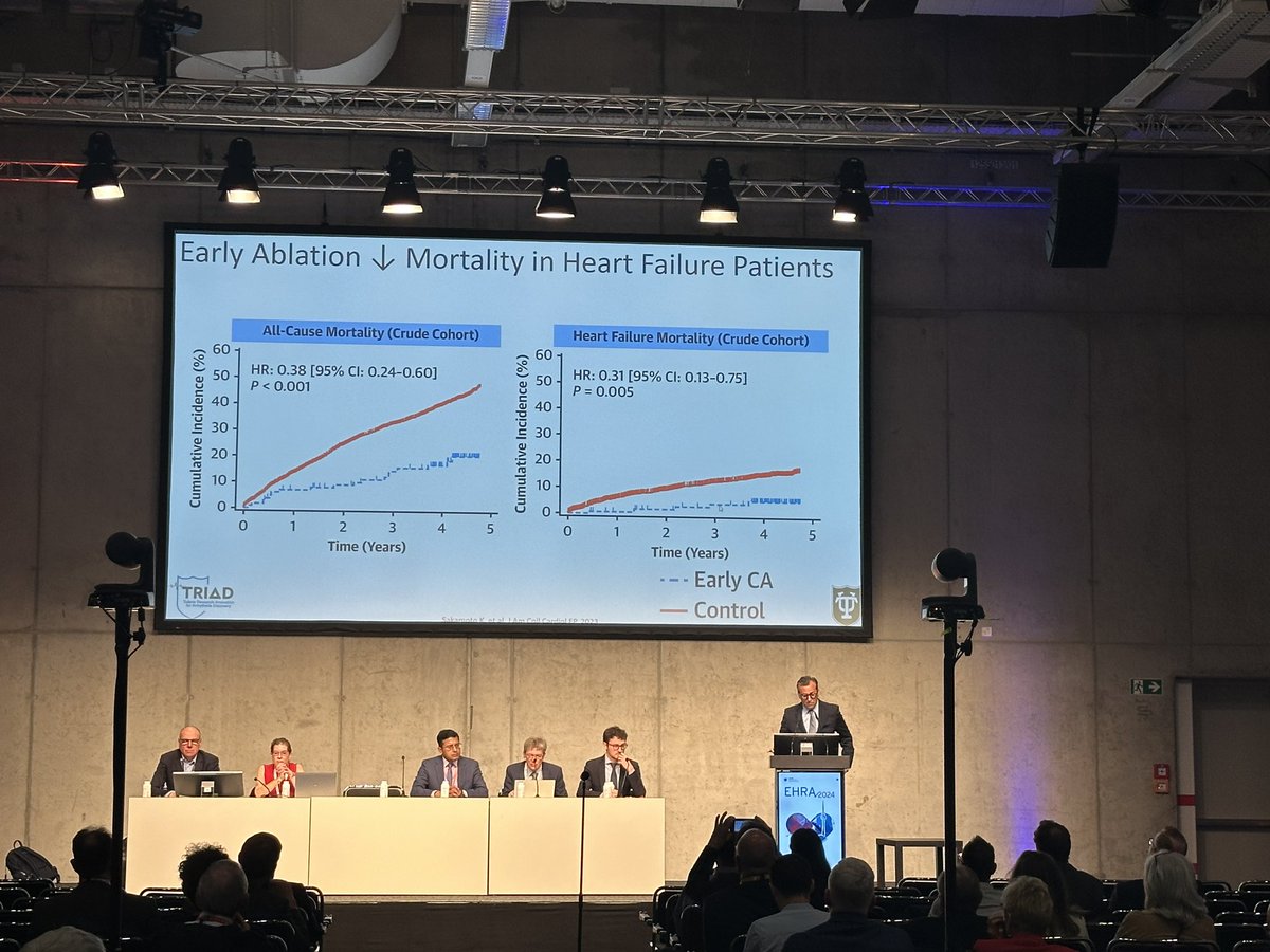 Early ablation leads to lower mortality in heart failure patients by @TulaneTriad @nmarrouche. First session of day 2 at #EHRA2024 off to a great start!