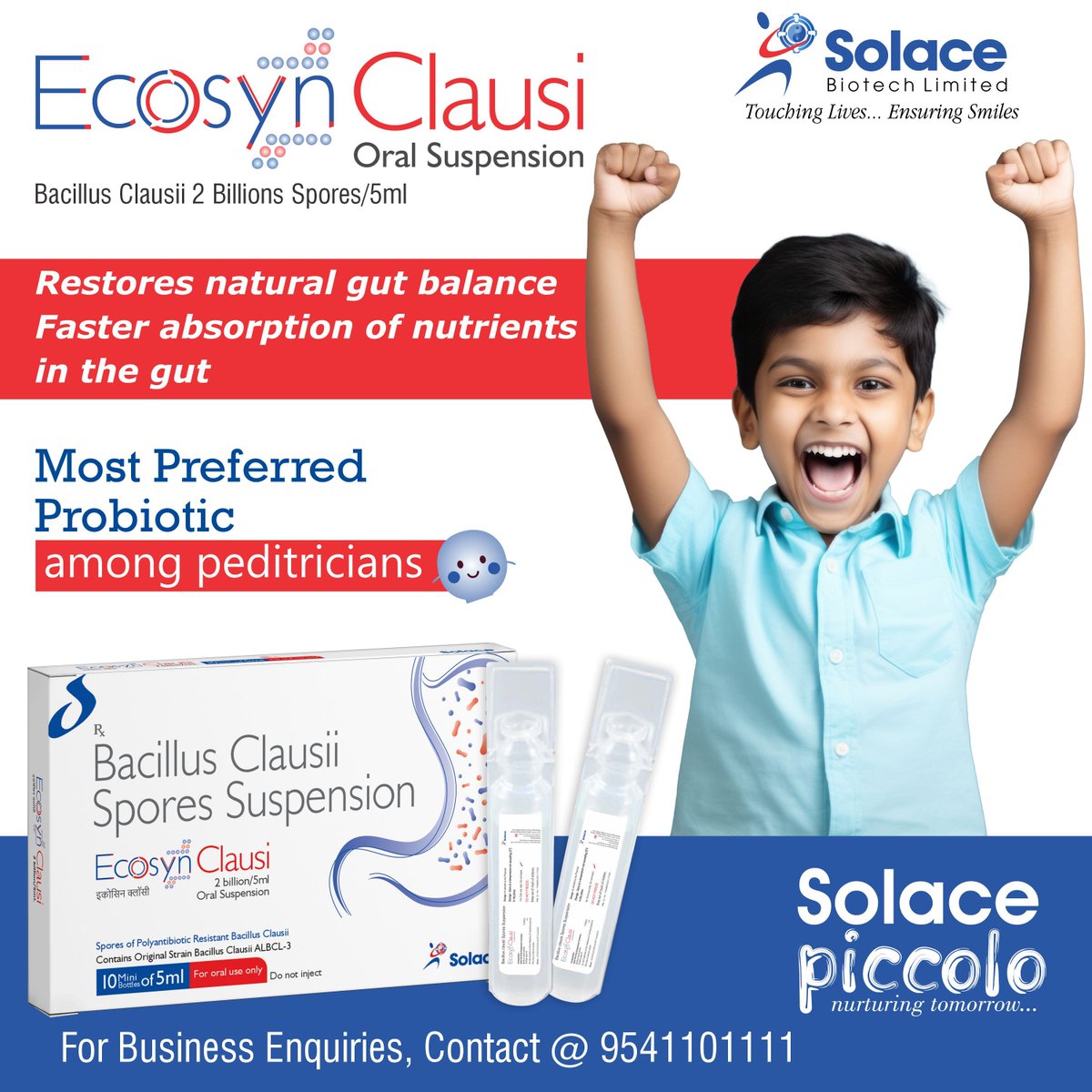 Ecosyn clausi Suspension belongs to the group of medicines called Probiotics which is useful for the treatment of imbalance of intestinal bacterial flora due to diverse causes. It contains polyantibiotic-resistant spores of Bacillus clausii. 
#Probiotics #intestinalhealth #solace