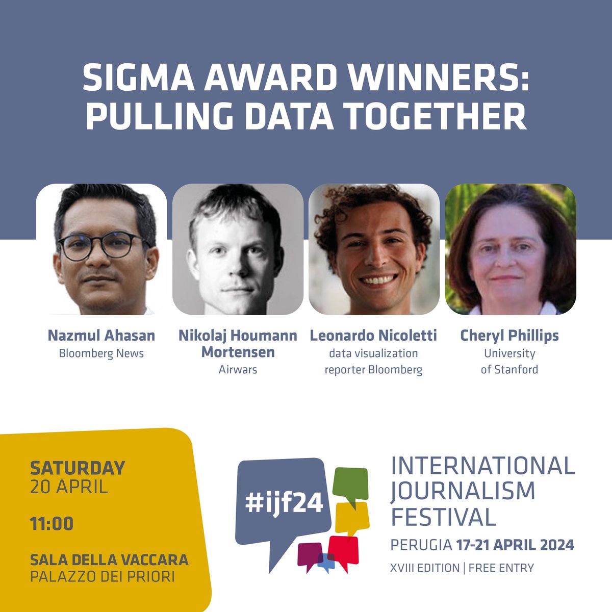 🔴 SAVE THE DATE! 'Sigma Award winners: pulling data together' #ijf24 with  Nazmul Ahasan @Nikolaj_Houmann @Leonardonclt @cephillips 🎥Live & On Demand > Sat, 20 Apr journalismfestival.com/programme/2024…
