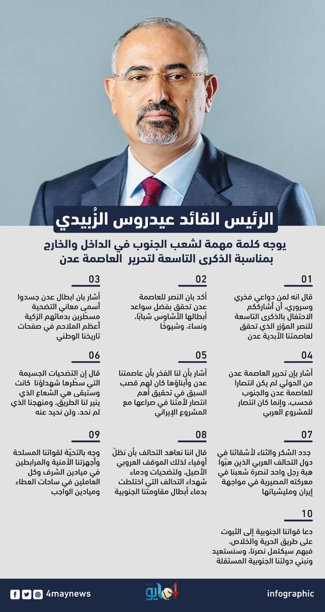 عمرعلي احمد الصبيحي (@shqyr_mr) on Twitter photo #إنفوجرافيك : الرئيس القائد عيدروس الزُبيدي يوجّه كلمة مهمة لشعب الجنوب في الداخل والخارج بمناسبة الذكرى التاسعة لتحرير العاصمة عدن
<a href="/AidrosAlzubidi/">عيدروس الزُبيدي - Aidaros Alzubidi</a>
<a href="/may4news/">صحيفة 4 مايو الالكترونية</a>
#عدن_تنتصر_للعروبه #إنفوجرافيك : الرئيس القائد عيدروس الزُبيدي يوجّه كلمة مهمة لشعب الجنوب في الداخل والخارج بمناسبة الذكرى التاسعة لتحرير العاصمة عدن
<a href="/AidrosAlzubidi/">عيدروس الزُبيدي - Aidaros Alzubidi</a>
<a href="/may4news/">صحيفة 4 مايو الالكترونية</a>
#عدن_تنتصر_للعروبه