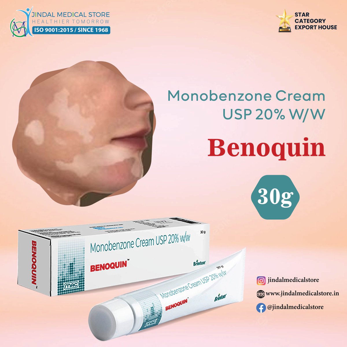 Say goodbye to vitiligo with Benoquin Ointment! Achieve permanent skin lightening by speeding up melanin removal. Embrace confidence and beauty without boundaries!

#BenoquinOintment #VitiligoSolution #SkinLightening #MelaninRemoval #SkinCare #SkinHealth #JindalMedicalStore #JMS