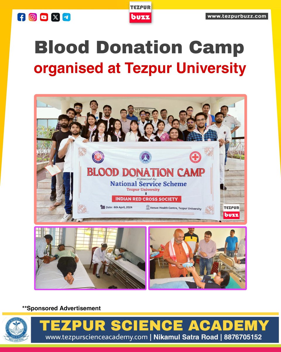 #Tezpur | The NSS Cell, Tezpur University in collaboration with Indian Red cross Society-TU chapter organized a Blood Donation Camp on 6th April 2024. The NSS volunteers participated in this noble cause and extended their support to save lives. #blooddonationcamp