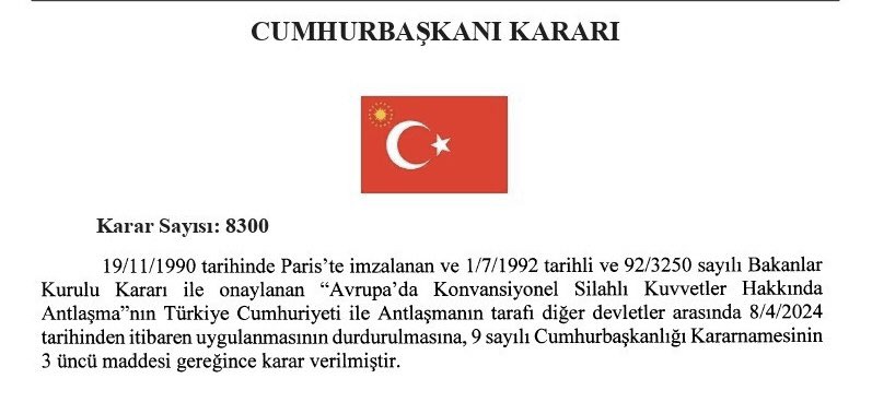 Türkiye de 32 yıllık AKKA anlaşmasından bugün itibariyle resmen çekildi. 🛡 Türkiye, Avrupa'da Konvansiyonel Silahlı Kuvvetler Antlaşması'ndan (AKKA) çekildiğini açıkladı. Resmi Gazete'de yayımlanan açıklamada, alınan kararın 8 Nisan'dan itibaren geçerli olacağı belirtildi.…