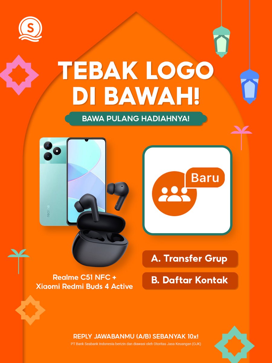 💥BAWA PULANG REALME C51 NFC!💥

Caranya:
1. FOLLOW Twitter @SEABANKID
2. RT Tweet ini
3. REPLY JAWABANMU (A/B) sebanyak 10x!

Semoga beruntung 🔥~