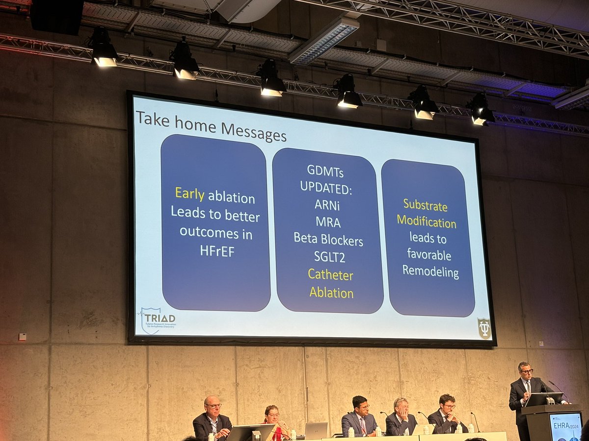 Important words from @nmarrouche: #AFib #Ablation is the 5th pillar of #GDMT for #HeartFailure - stopping the cycle of atrial myopathy and LV dysfunction. “Don’t cardiovert; ablate” - it changes the substrate! #EHRA2024 #ACC2024 nejm.org/doi/full/10.10…