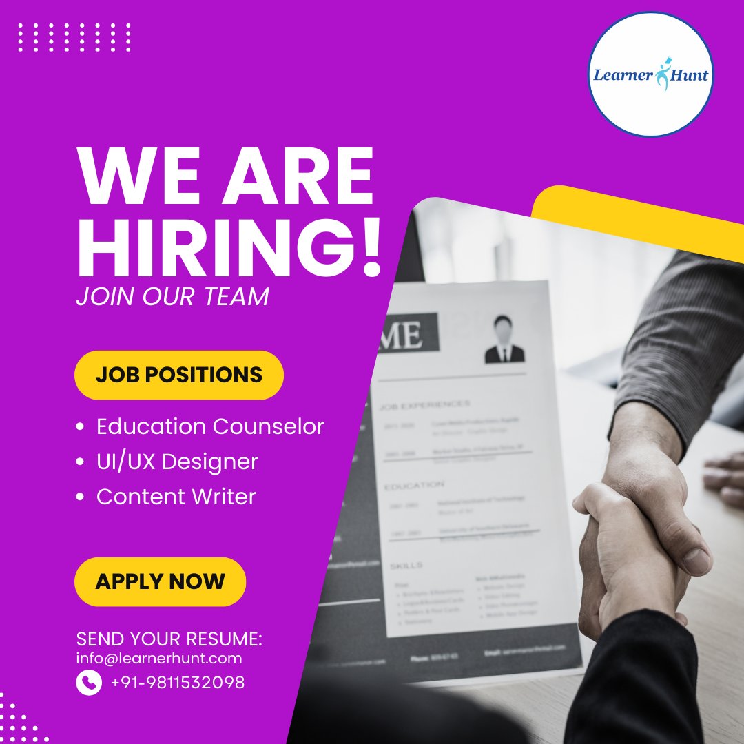 We are Hiring! for Education Counselors, UI/UX Designer & Content Writer Location: Faridabad

📩Send your CVs to:
📞Call us: +91 9074868545
🌐Visit: learnerhunt.com
📩Mail us: info@learnerhunt.com
.
.
.
#Learnerhunt #DreamJob #EducationCareer  #GuidanceCounselor