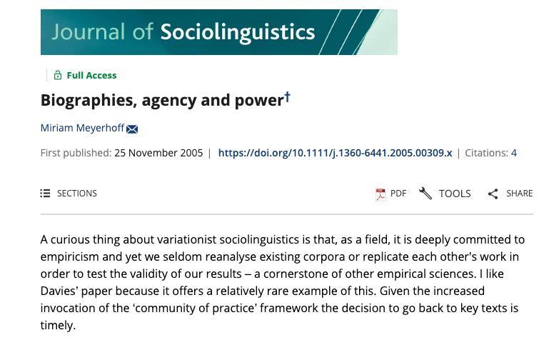 ✨ #JSLX Dialogue #flashback: 'Communities of practice in #sociolinguistics' (2005) 🌐 Free access to 3rd contribution entitled 'Biographies, #agency and power' by Miriam Meyerhoff: buff.ly/4cihe4Z
