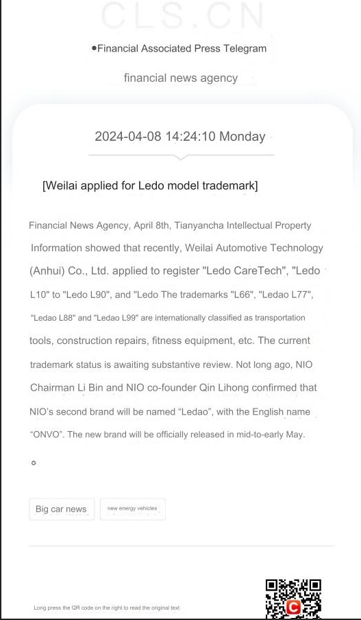 😁Finance News reported on April 8 that Tianyancha intellectual property information showed that recently, $NIO Automotive Technology (Anhui) Co., Ltd. applied to register Ledo CareTech and Ledo L10 L90 as well as  L66, L77, L88, L99 trademarks are internationally classified.