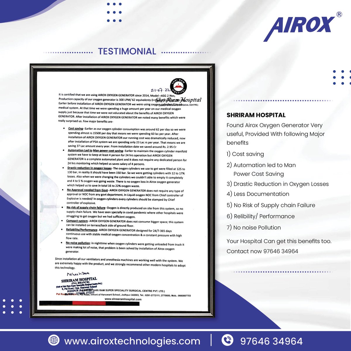 AiroxLtd's tweet photo. Shriram Hospital Jodhpur

Found Airox Oxygen Generator Very useful, Provided With following Major benefits
Contact now 97646 34964

#airox #airoxtechnologies #airoxoxygen #airoxindia #onsiteoxygengenerator #oxygenplant #onsiteoxygenplant #medicaloxygenplant #medicalcarevadodara https://t.co/hDRxcl4Gfc