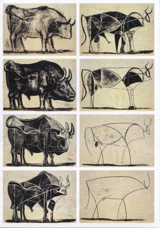 Stages in Picasso’s depiction of a bull, with progressively increasing degrees of simplicity and abstraction (from ‘Bull’, lithograph, 1945/6)