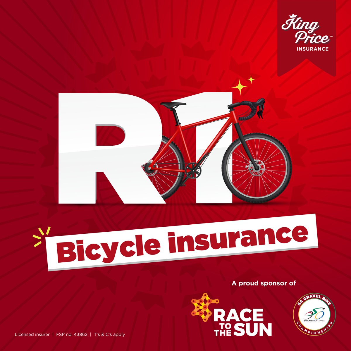Pull the brakes on pricey insurance. You can insure your bicycle for only R1 when you have comprehensive car insurance from the king.
Tap here: insurance.kingprice.co.za for a commitment-free quote today.
T’s &amp; C’s apply. Licensed insurer. FSP no. 43862

#WowKingPrice