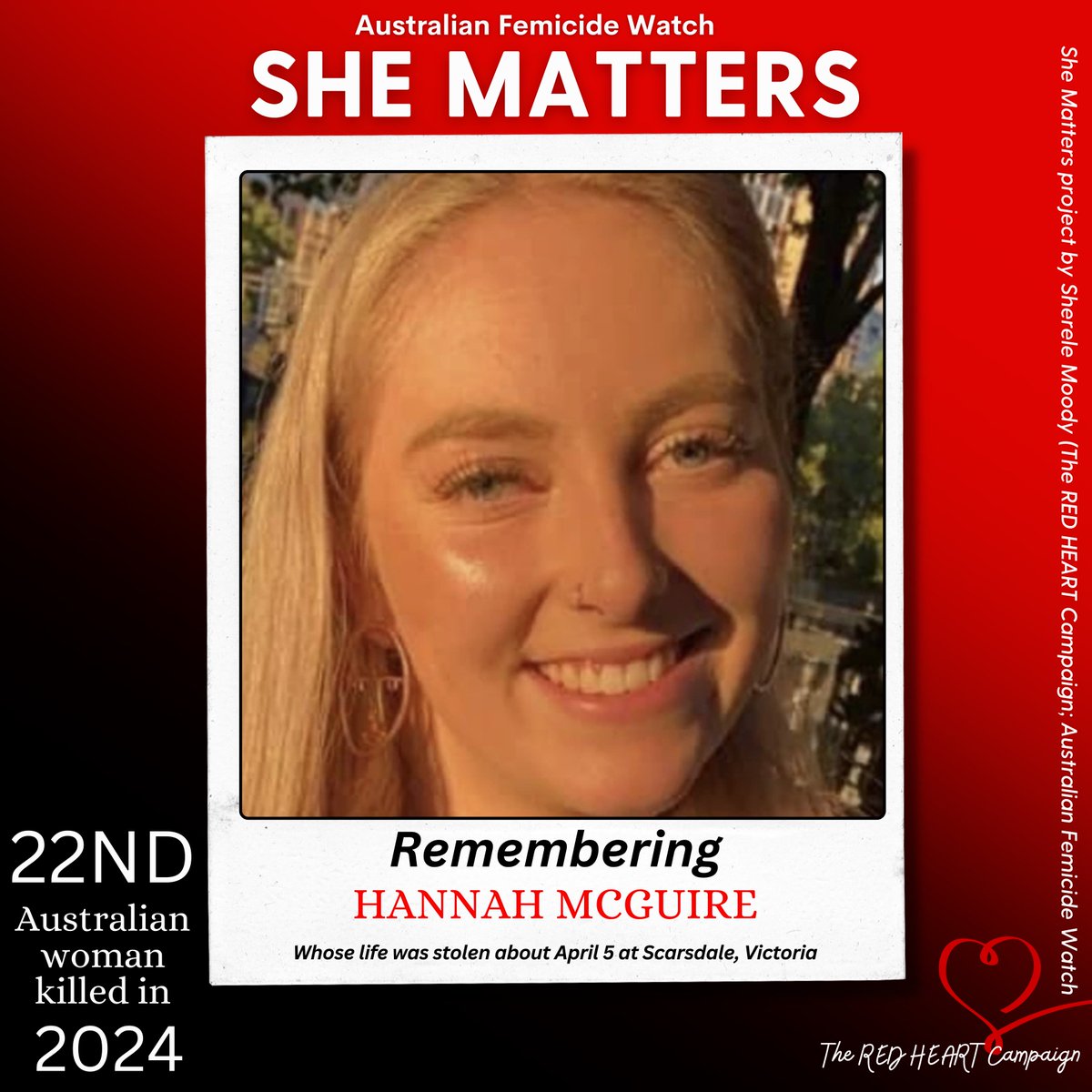 ❤️SHE MATTERS: HANNAH McGUIRE!❤️ Hannah McGuire was a 23-year-old woman with her whole life ahead of her - she overflowed with all the promises of youth: Hope, achievement, love, community, friendship, career, fun and everything else every young women deserves. But all of this…