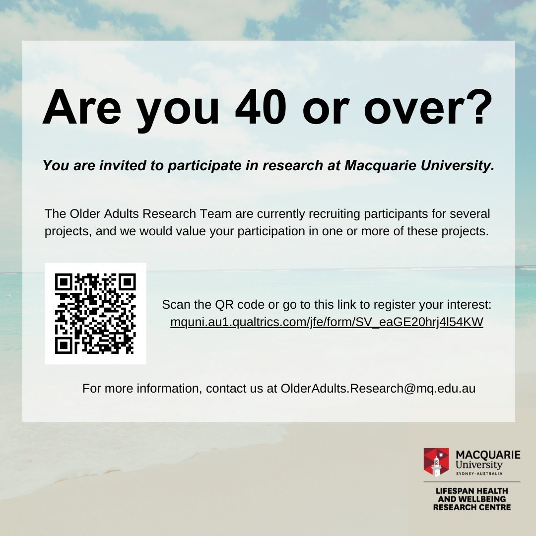 We want to understand what factors help maintain #wellbeing in later adulthood. To find out more or to register your interest, scan the QR code, click this link mquni.au1.qualtrics.com/jfe/form/SV_ea…, or email Olderadults.Research@mq.edu.au @PsyMQ @eCentreClinic1