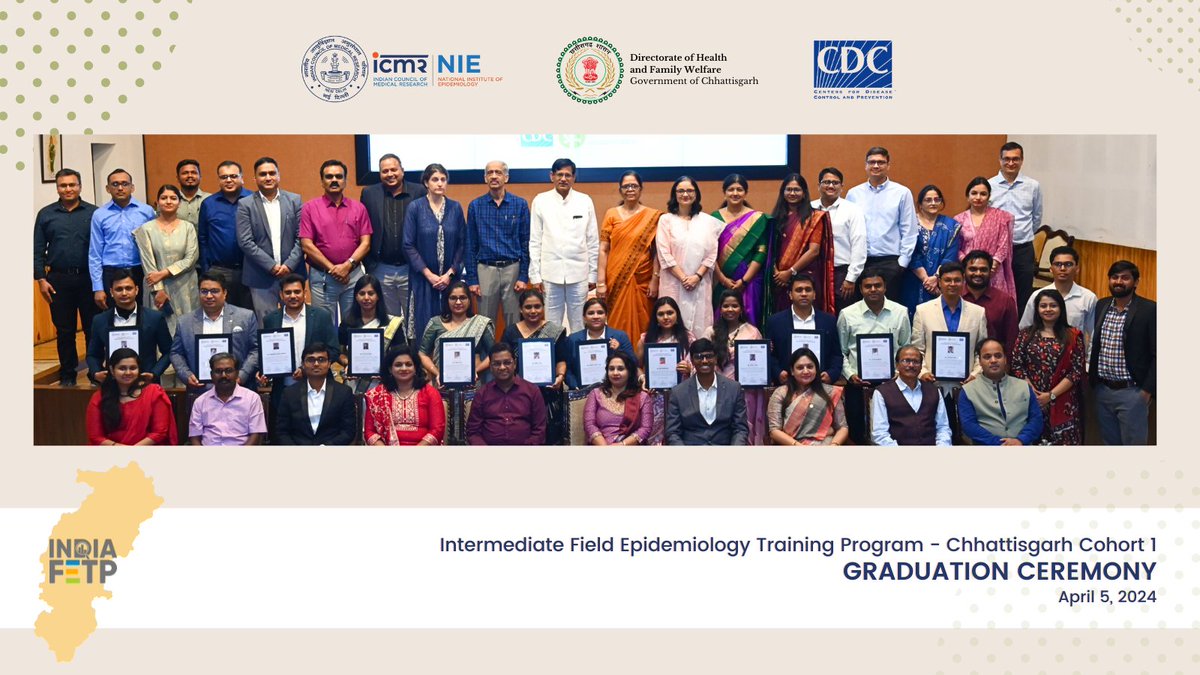 icmr_nie's tweet image. We proudly honor the 12 Graduates of the Field Epidemiology Training Program (FETP) in Chhattisgarh, India!

This one-year in-state, in-service intermediate FETP program is specially curated along with Chhattisgarh State, and our partners @US_CDCIndia and #SafetyNet