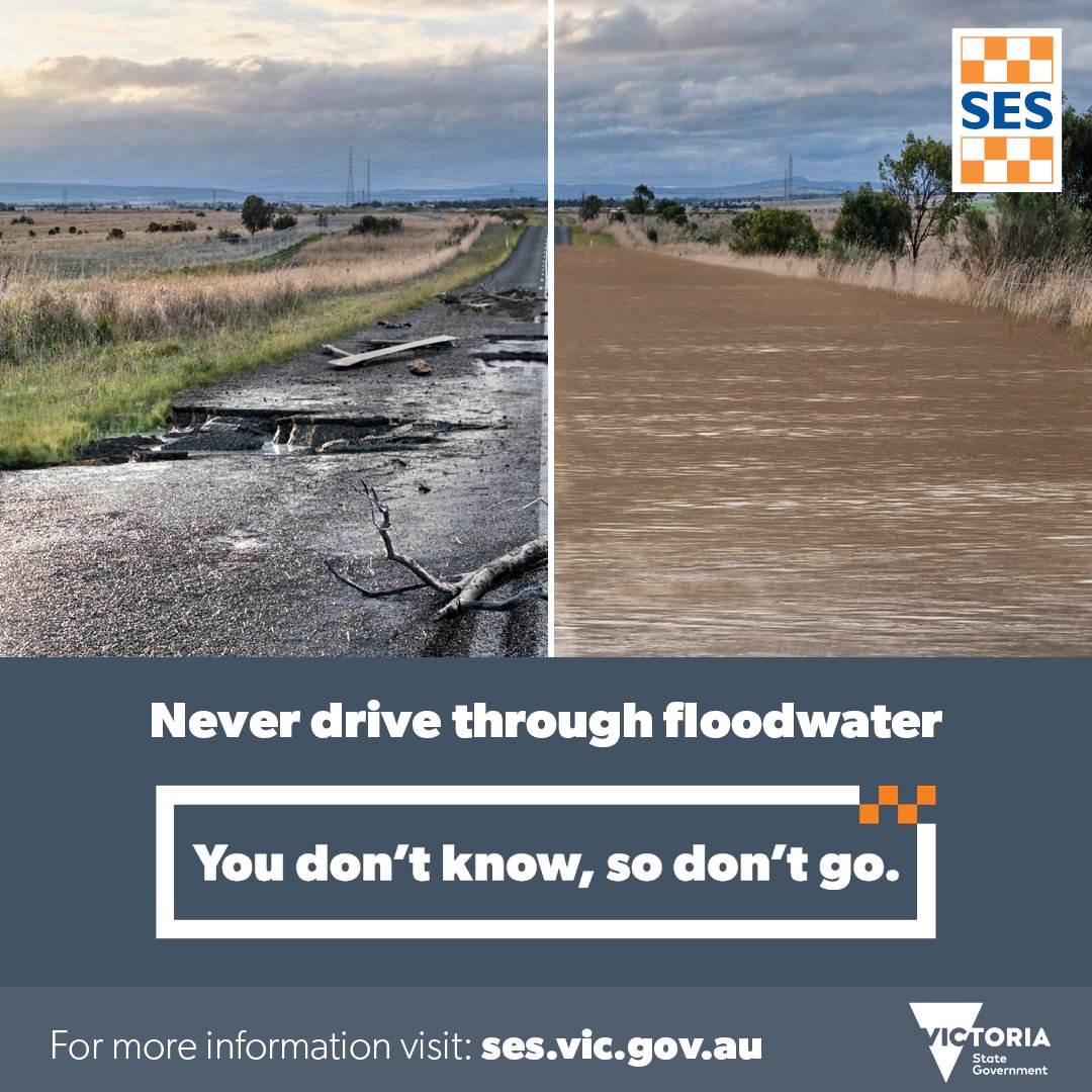 Never drive through floodwater. Keep you and your family safe by turning around and finding an alternate route. Find out what to do if you are driving when flooding occurs here: ses.vic.gov.au/news-and-media…