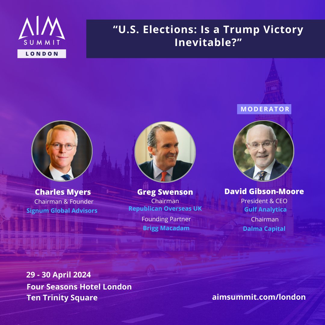 Join our esteemed panellists at AIM Summit London where we will be discussing “U.S. Elections: Is a Trump Victory Inevitable?” Apply to attend: aimsummit.com/londonapplytoa… #alternativeinvestments #aimsummitlondon #uselections #trump