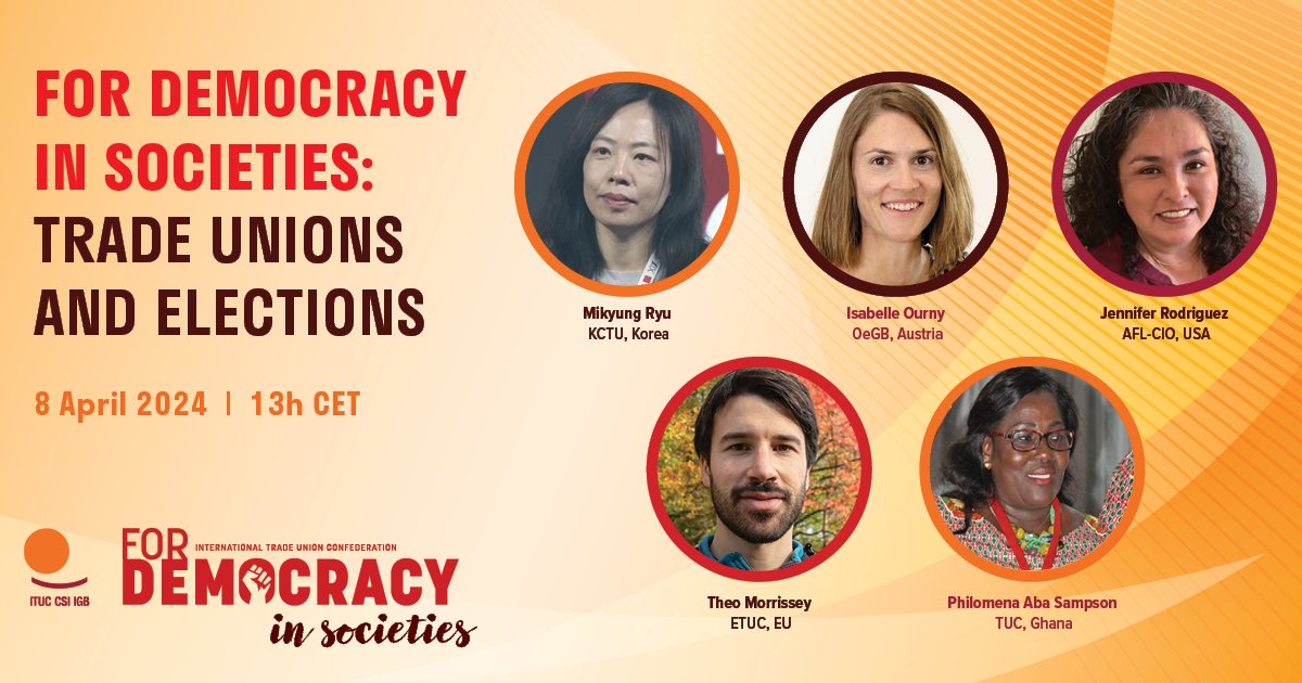 🌐✨ Calling all democracy defenders! 📣 TODAY, join us for a special call to hear how workers are organising for free and fair elections around the globe. From Asia to Europe, and Africa to the Americas, let's unite #ForDemocracy RSVP now: ituc-csi-org.zoom.us/webinar/regist…