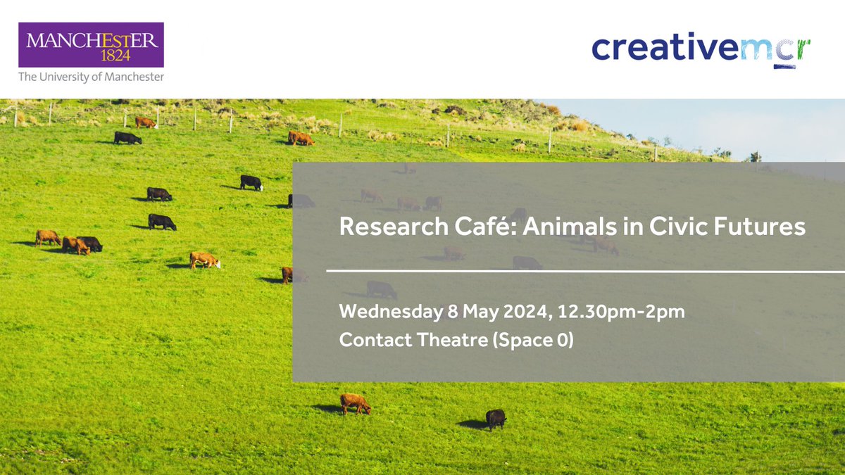 IN 1 MONTH - Research Café: Animals in Civic Futures 🐖 - w/@RGSAnimals Join us for an informal networking lunch to discuss interdisciplinary perspectives on on the lives and geographies of animals. 🗓️ 8 May ⏰ 12.30pm 📍@ContactMcr 🎟️ FREE Book: eventbrite.com/e/research-caf…