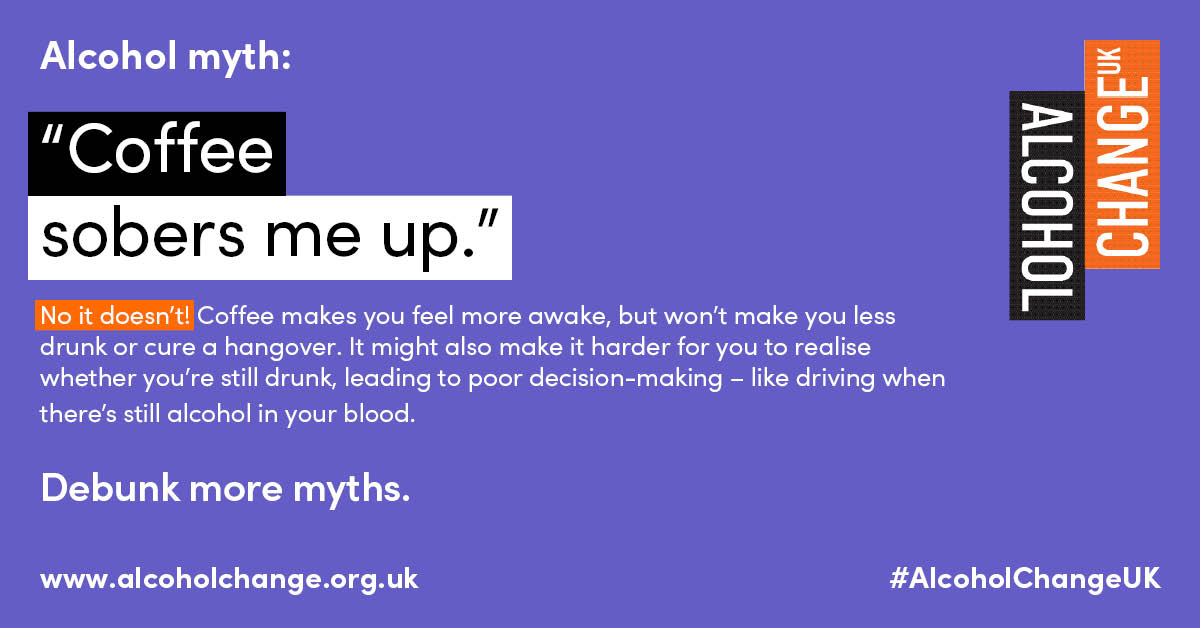 Happy #MythMonday! Time to debunk some common alcohol myths. Think a cup of coffee will sober you up?☕️ Wrong! You might be more awake, but the hangover is not cured, in fact alcohol may still be in your system.