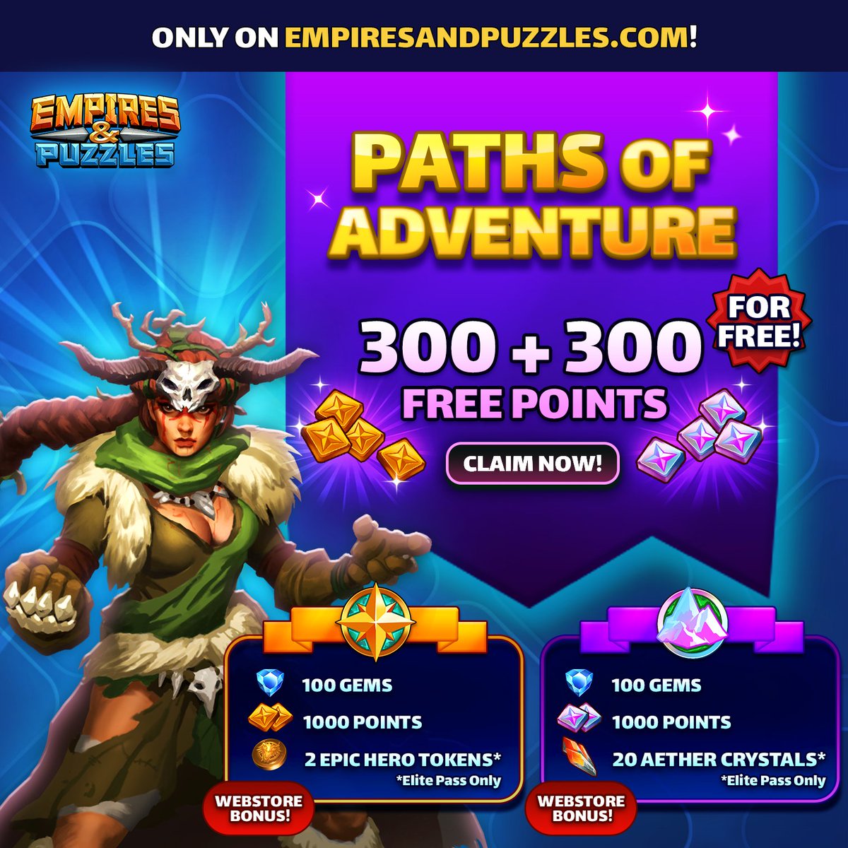 🎁 A gift to kickstart today's new Paths of Adventure — ✨ Head to empiresandpuzzles.com and collect 300 Valor Points and 300 Giants Points for free! 💎 Reminder: Valor & Giant Passes obtained from our official website gives you extra bonuses at no extra cost!