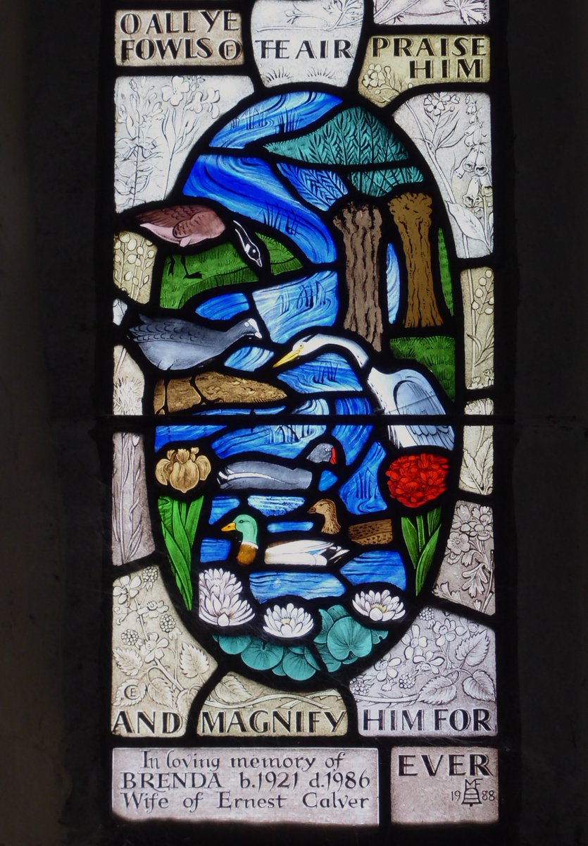 #MonumentsMonday  A beautiful nature filled memorial window in St Mary's, Haddenham.  

On the theme of the Benedicite by M.C Farrar Bell, 1988.

'O all ye Fowls of the Air, bless ye the Lord :
praise him, and magnify him for ever.'

This is the lower portion of the window.