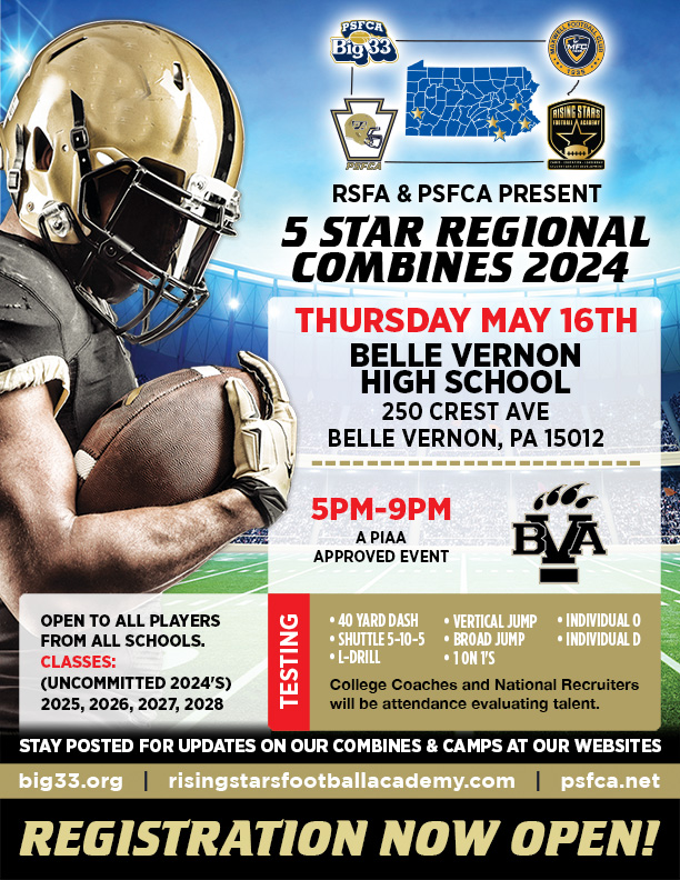 Attention ALL HS Football players in District 7 and surrounding areas! Join us Saturday, May 16th <a href="/BVAHS/">Belle Vernon Area HS</a>  School from 5pm-9pm where you can showcase your talents in front of college coaches. Get noticed! Register now! big33.org/events/combine… <a href="/PIAASports/">PIAA</a>