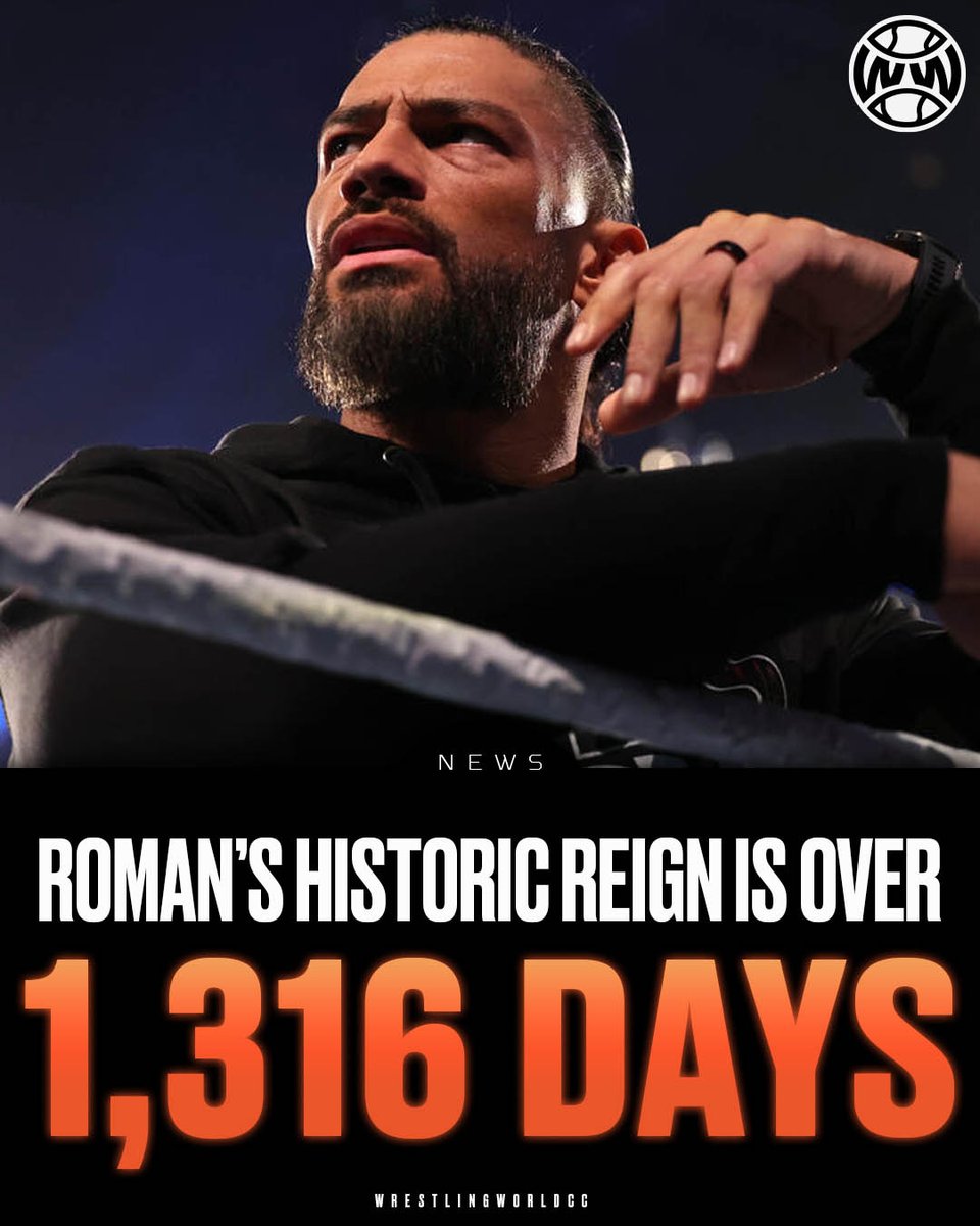 WrestlingWCC's tweet photo. Roman Reigns’ historic WWE championship reign ends at 1,316 days 🩸 🏆 https://t.co/PR65Fpf6AU