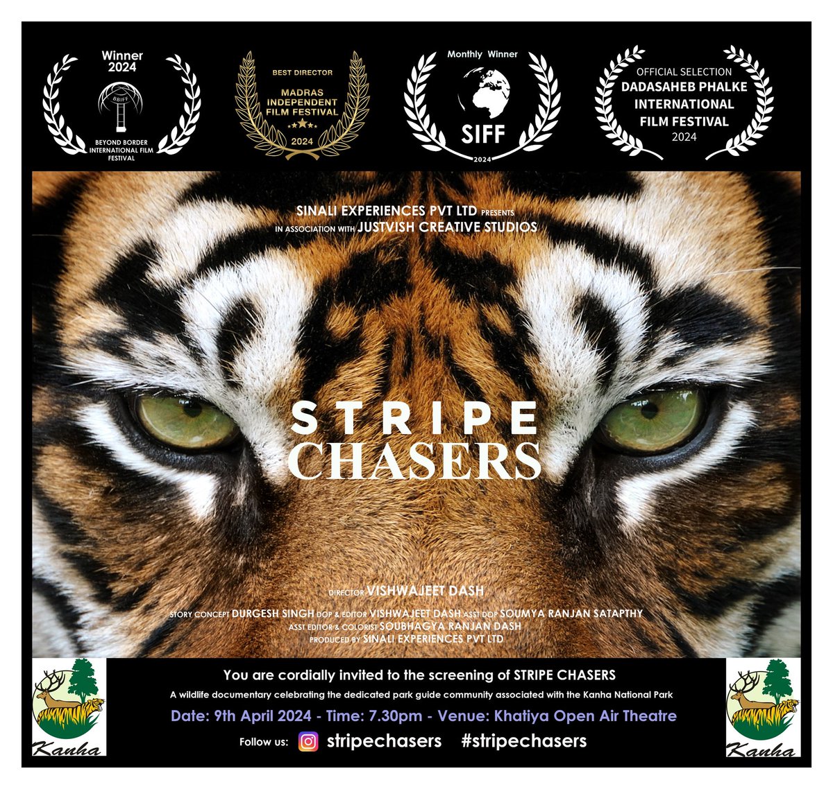 TrKanha's tweet image. &quot;🌿 Join us in chasing the #stripechasers! 🐅 Sinali experiences presents a captivating documentary on Kanha&apos;s Pride, our #NatureGuide. 🎥 #Specialscreening at the Nature Interpretation Center, Khatia Gate. Don&apos;t miss out! #Documentary #Wildlife 🦁🌳&quot;