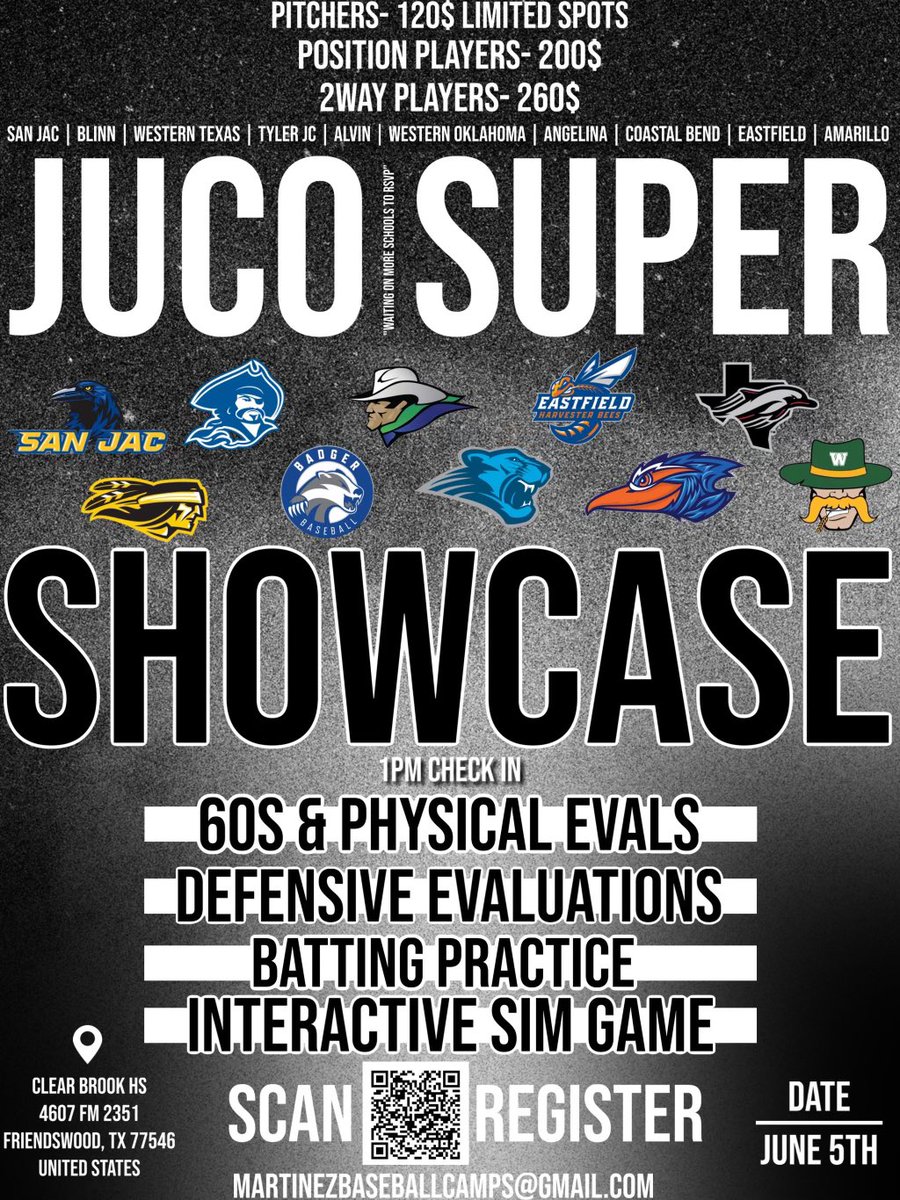 🚨JUCO SUPER SHOWCASE🚨 REGISTER AT QR CODE BELOW SPOTS WILL BE VERY LIMITED, 10 schools coming so far and waiting on more to RSVP!!! REGISTER LETS GO!!