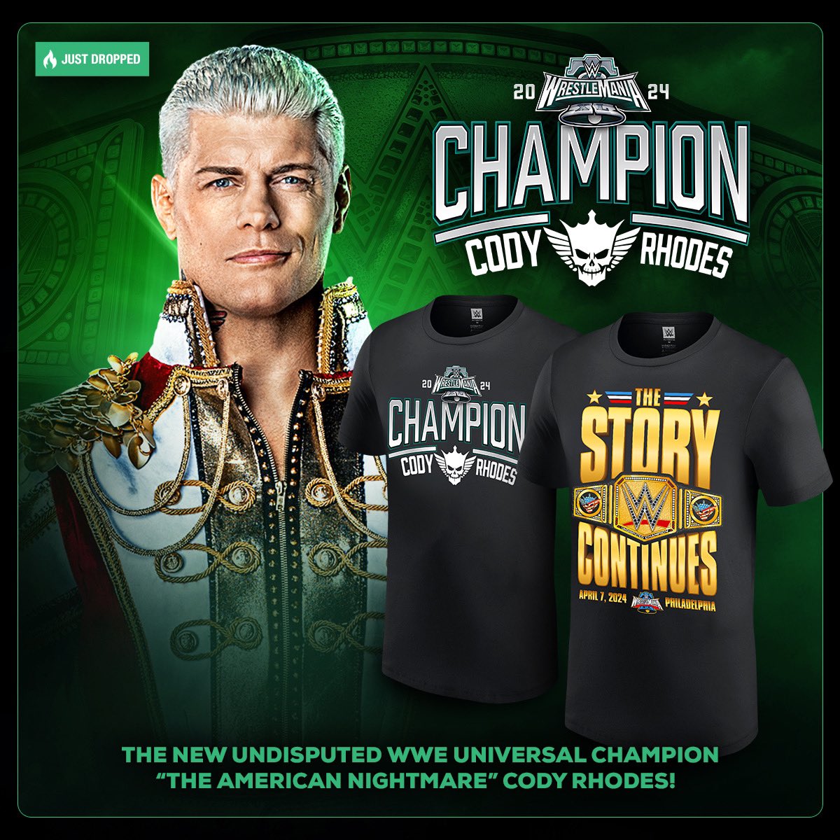 THE STORY CONTINUES! 'The American Nightmare' Cody Rhodes is now your NEW Undisputed WWE Universal Champion! Commemorate his historic victory with this Champion Collection at #WWEShop! #WWE #WrestleMania 🛒: bit.ly/49s1mKz