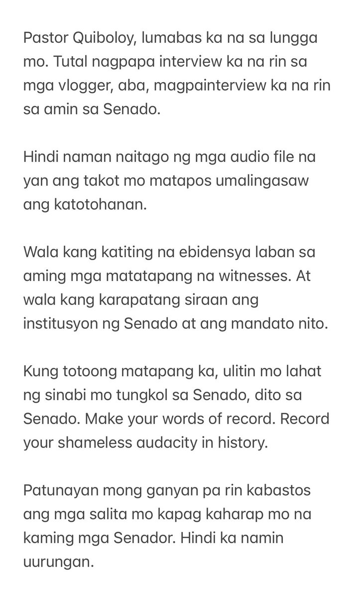 READ: Senator @risahontiveros to Kingdom of Jesus Christ's Pastor Apollo Quiboloy: 'Kung totoong matapang ka, ulitin mo lahat ng sinabi mo tungkol sa Senado, dito sa Senado. Make your words of record. Record your shameless audacity in history.' | via @sherieanntorres