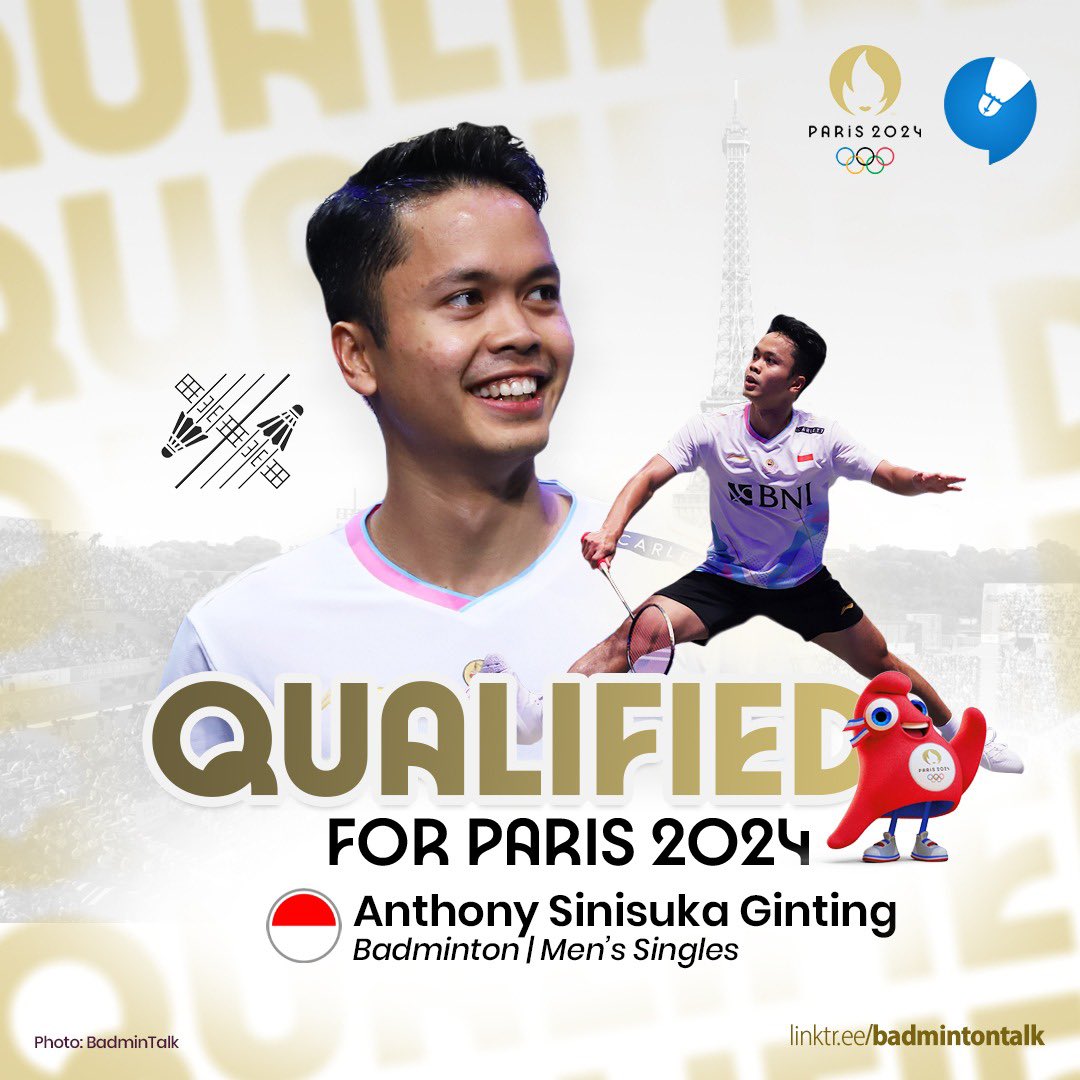 Singapore Open 2023 winner and All England 2024 runner-up, Anthony Sinisuka Ginting has qualified for this year's Olympics!

His Race to Paris points are enough to ensure himself to be in the overall top 16 and Indonesia's top 2, thus confirm his spot in Paris Olympics this year.