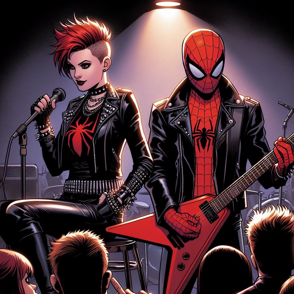 BlackJack89's tweet photo. Natasha Romanoff and Spider-Man playing at CBGB, they're the Red Spiders, or maybe the just the Spiders or someting? #SpiderMan #BlackWidow #PeterParker #NatashaRomanoff #Spidy #AIArtWork #MarvelComics #Marvel #SpiderPunks #CBGB https://t.co/nEyBTUx3EW