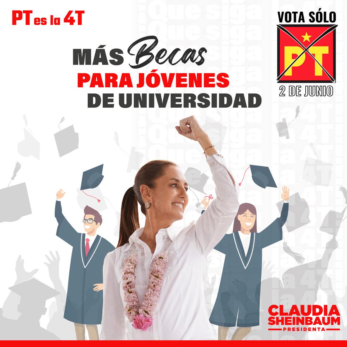 Con el #PT y Claudia Sheinbaum, más becas para jóvenes universitarios. 
<a href="/Claudiashein/">Claudia Sheinbaum Pardo</a>
Este 2 de junio, ¡Vota todo PT!

#PTesla4T #PlanCconelPT  #VotaClaudiaVotaPT #VotaTodoPT #ClaudiaSheinbaum
#DebatePresidencial