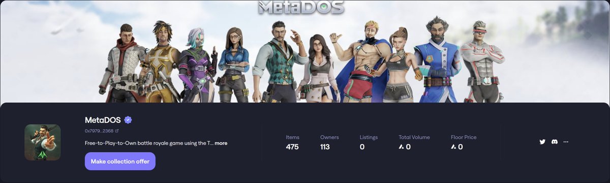 We have listed and verified our NFT collection #MetaDOSAssets on <a href="/joepegsnft/">Joepegs</a>, one of the biggest NFT platforms for Avalanche.
You could also trade your collectibles on <a href="/opensea/">OpenSea</a>. The next marketplace to be listed will be our <a href="/OverMint/">OverMint</a>.

joepegs.com/collections/av…