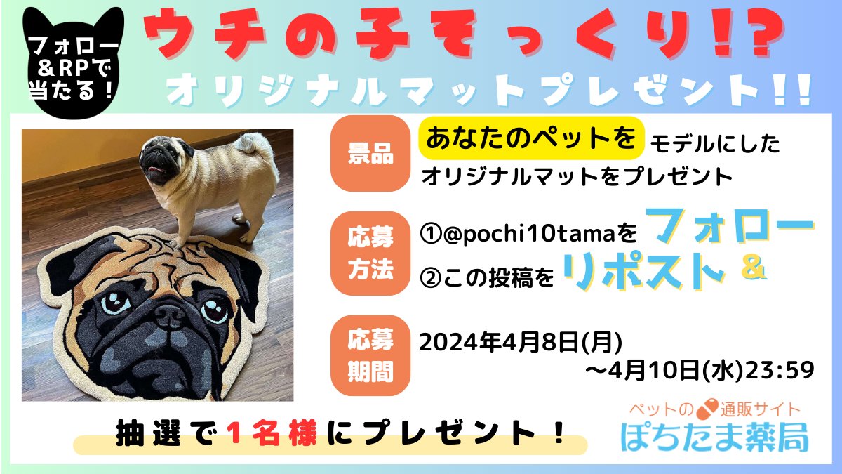 pochi10tama's tweet photo. 🐱4月のプレゼント企画🐶

今回のプレゼントは趣向を変えて...🤔
あなたのペットをモデルにした『オリジナルマット』を1名様にプレゼントいたします❣️

当選後に送って頂いた写真を元に、そっくりに仕上げてお送りいたします(*'▽')✨

【応募】@pochi10tama をフォロー＆この投稿をリポスト
【期間】4/8(月)～4/10(水)23:59まで

#プレゼントキャンペーン