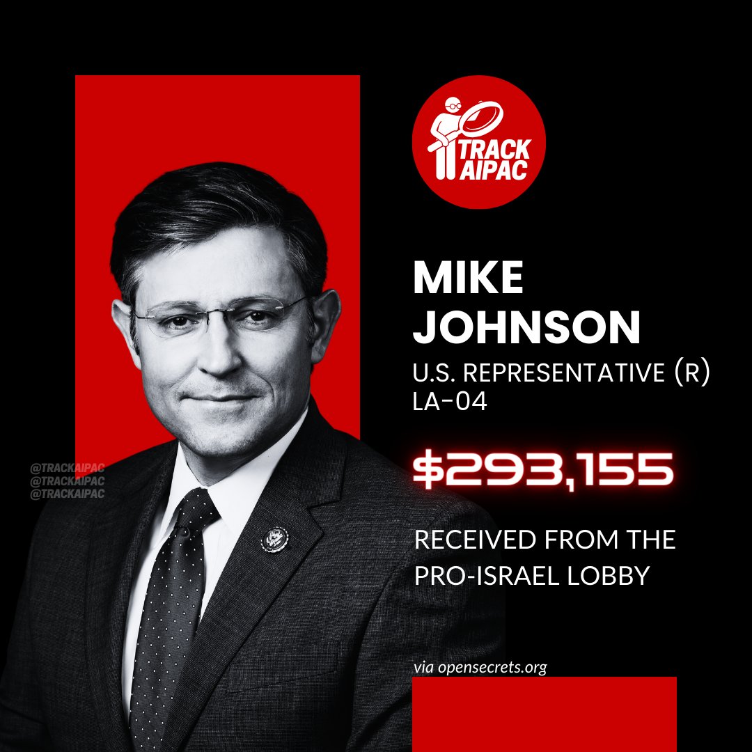 AIPAC Rep. Mike Johnson has received nearly $300,000 from the Israel lobby.

The Speaker of the House is compromised. #RejectAIPAC #LA04