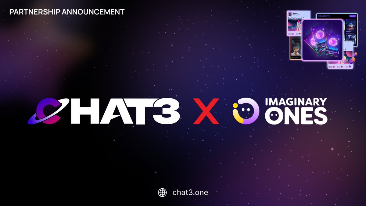 Great news! @Chat3 partners with @Imaginary_Ones, a Web3 Entertainment Group launching $Bubble coin. $Bubble unlocks the expansive Imaginary World ecosystem. 🚀 Follow the steps below for a chance to win an Imaginary Ones pass and dive into the $Bubble airdrop! 👉 Follow: