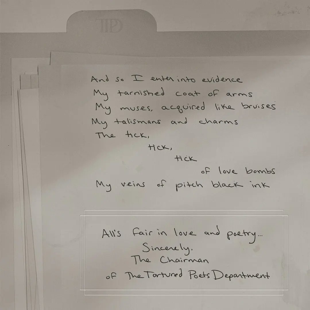 CallMeKhateS's tweet photo. All’s fair in love and poetry... New album THE TORTURED POETS DEPARTMENT. Out April 19 🤍 https://t.co/Jd0XKHagyV